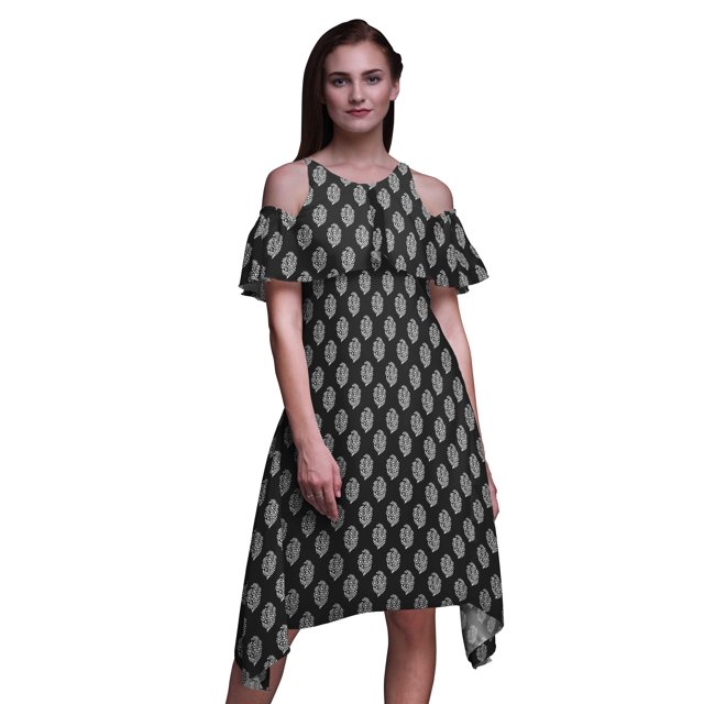 Bimba Block Print Cold Shoulder Women Swing Tunic Flutter Sleeve Midi Dress-Large