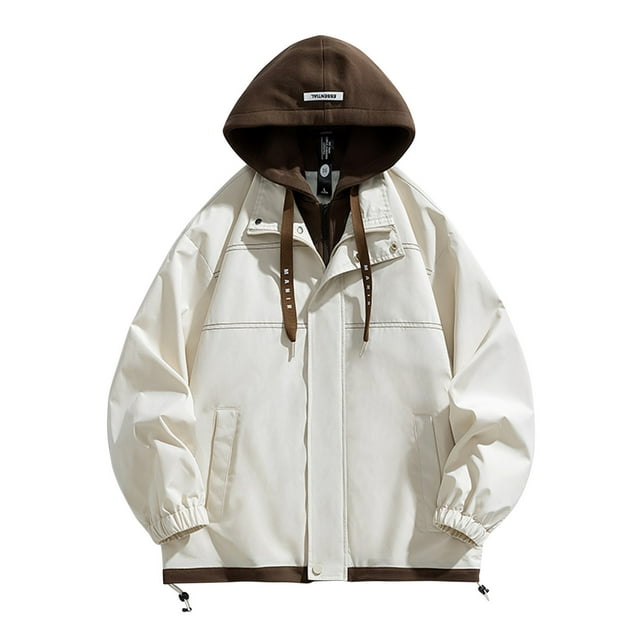 WRKEKC Men's Work Jacket Hooded Utility Cardigan with Faux Two-Piece Design and Zipper Pockets for Durable Casual and Functional Wear in Solid Color Beige L