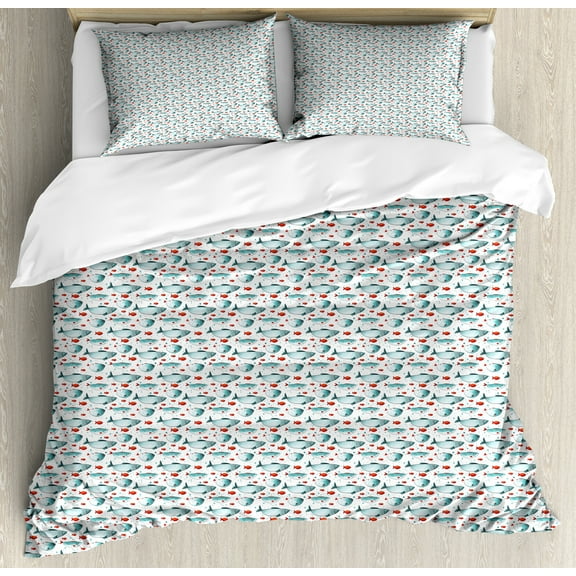Nautical Duvet Cover Set, Repetitive Graphic Fish Motifs on a Plain Background Seascape Oceanic, Decorative 3 Piece Bedding Set with 2 Pillow Shams, Calking Size, Pale Petrol Blue Red, by Ambesonne