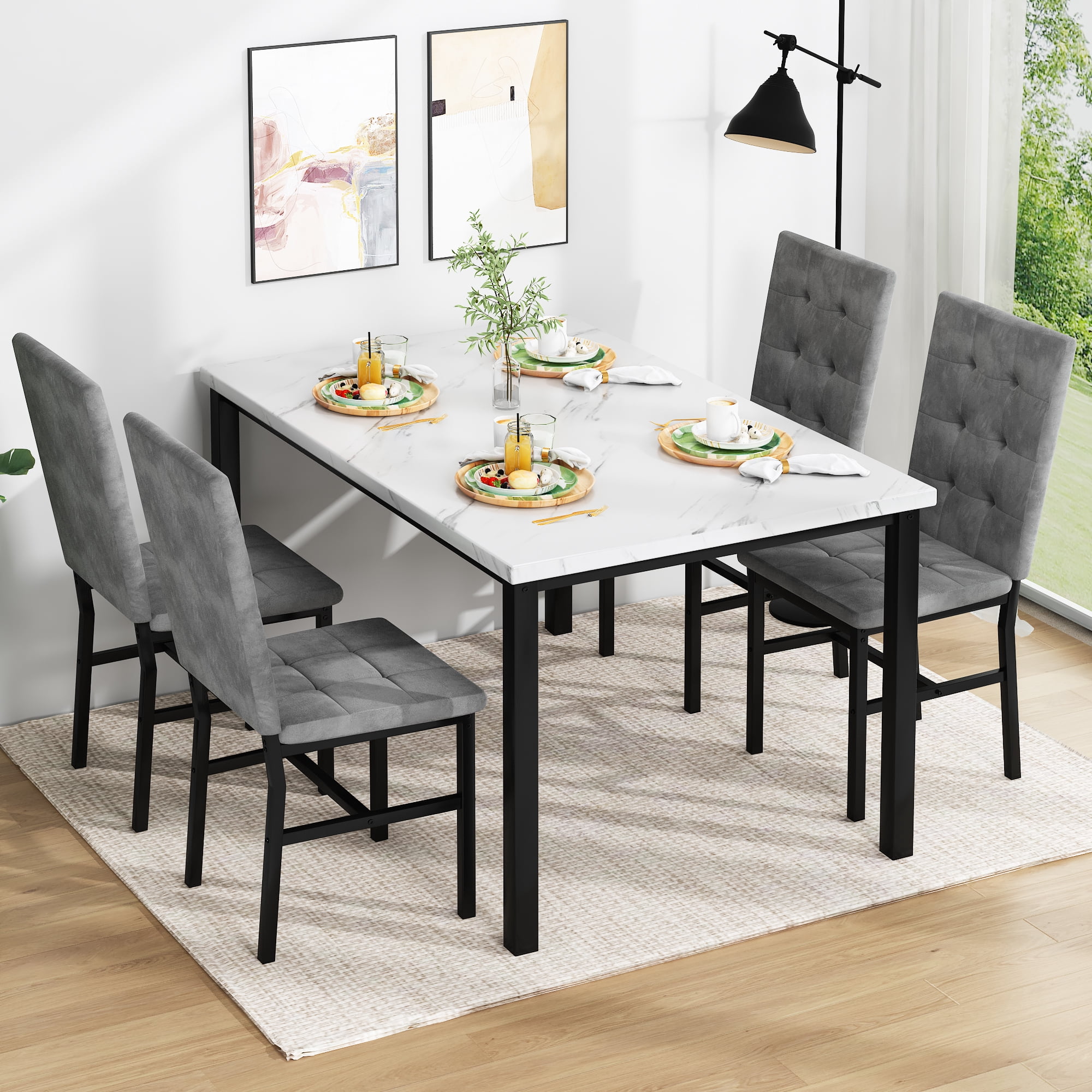 Baxluxe 4-Person Dining Table Set for 4, 5 Pieces Faux Marble Kitchen Table and Chairs Set, Rectangle Dining Table with 4 Tufted Velvet Dining Chairs, Modern Dinette Set for Breakfast Nook, Gray