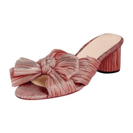 

HIMIWAY Wedge Sandals for Women Women s Fashion Sandals Thick Heel Bow Silk Sandals Retro Buckle Shoes Rose Gold 50