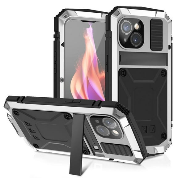 Haobuy for iPhone 15 Pro Max Clear Metal Case with Screen Protector Kickstand Heavy Duty Shockproof Hard Cover-Silver