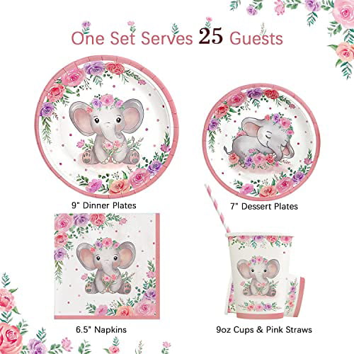 Elephant baby shower plates and cups in pink 