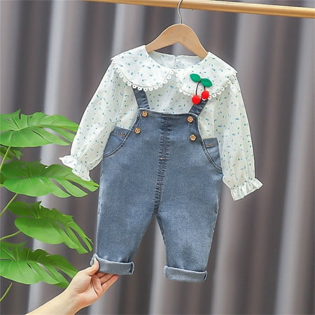 

Hunpta Toddler Kids Newborn Baby Girls Long Ruffled Sleeve Cherry Floral Print Tops Solid Overalls Suspender Pants Set2PCS