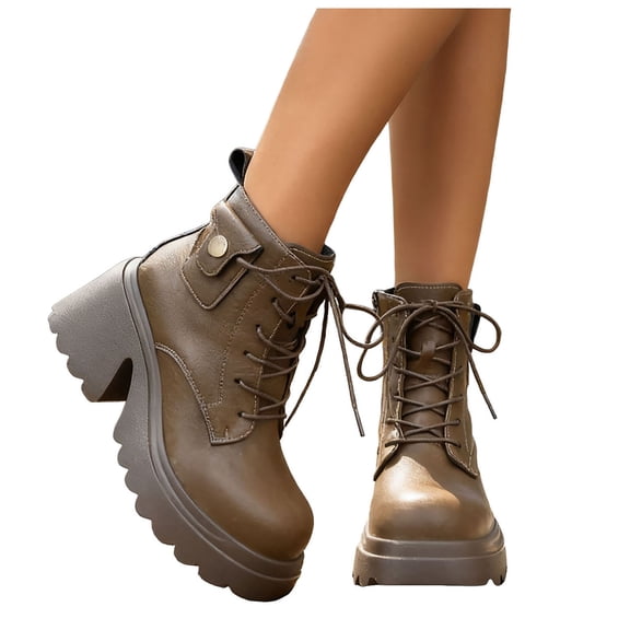 Womens Motorcycle Boots Platform Chunky Heel Antislip Lace up Zipper Ankle Booties Comfy Retro Leather Round Toe High Top Boots Khaki Size 8.5