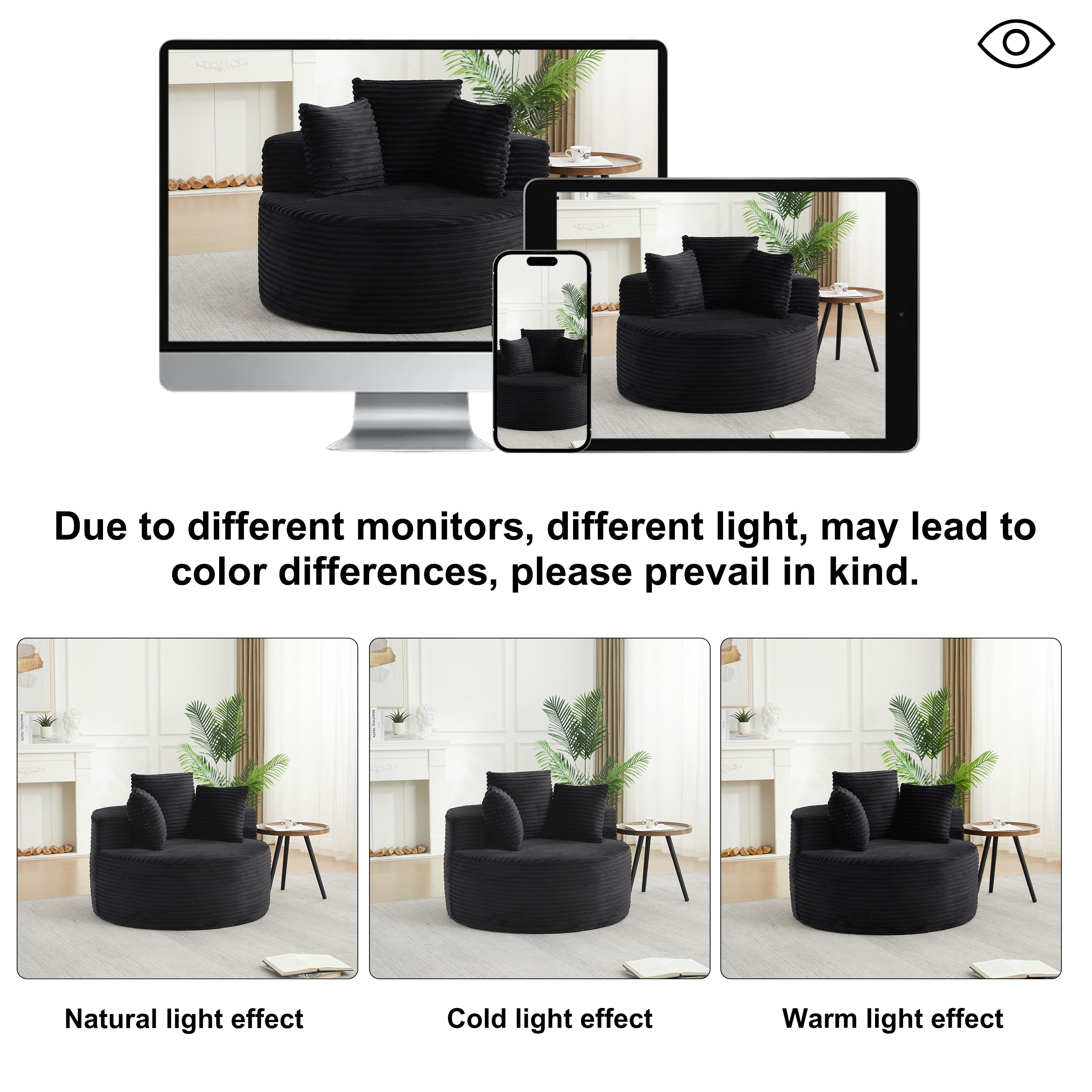43-Inch Round Corduroy Single Sofa, Comfortable Lounge Chair, Comes With Three Pillows, Minimalist Design, Perfect For Bedrooms, Lounges, Game Rooms, And Living Rooms