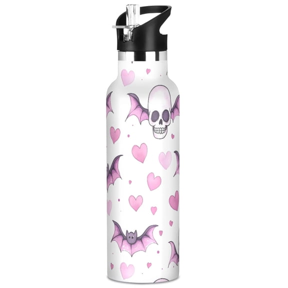 ALAZA Skull Bats Hearts Pattern Stainless Steel Water Bottle Vacuum Insulated Leak-Proof Tumbler with Straw Handle 20oz