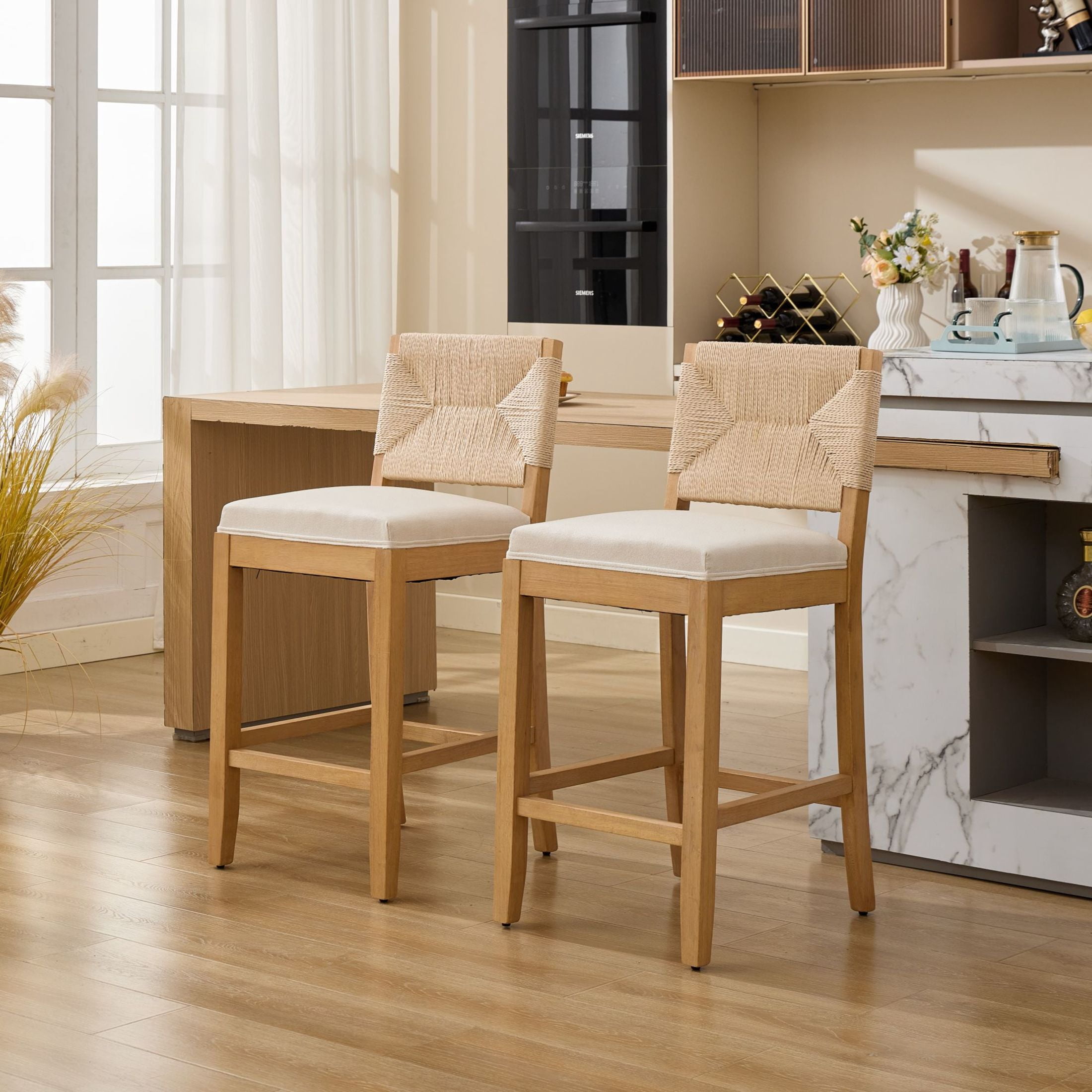 GDF Studio 38.6" Counter Height Bar Stools Set of 2 with Hand-Woven Rattan Back, Linen Upholstery, Beige