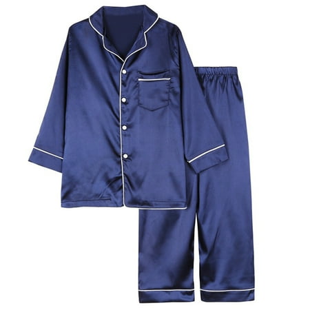 

Kids Summer Silky 2Pcs Sleep Pajamas Set Long Sleeve Lapel Button Top with Pants