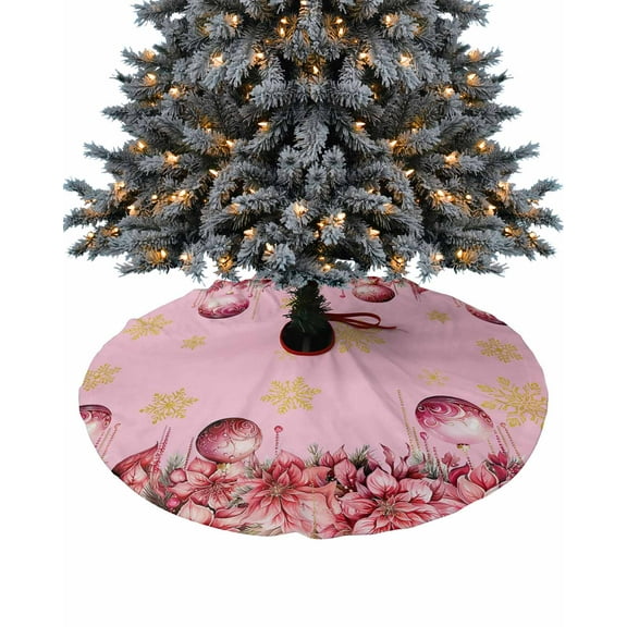 Pink Christmas Balls Christmas Tree Skirt 36 Inches Large Christmas Skirt Tree, Xmas Poinsettia Yellow Snowflake Tree Skirt Christmas Decorations for Fireplace Party Holidays Indoor Outdoor
