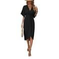 thumbnail image 2 of Robes à Manches Courtes pour Femmes Col en V Plissées Coupe Ajustée Fluides Évasées Coupe Droite Irrégulières Robe Midi Noire G, 2 of 10