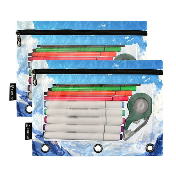 Ckdifva Snow-capped Mountains Pencil Pouch 3 Ring Zipper Pencil Case Binder Pockets Clear Top Cosmetic Bag 2 Pack