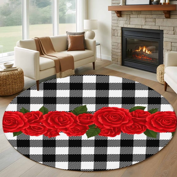 Round Area Rug 6 Ft, Valentine's Day Washable Non-Slip Circle Carpet for Living Room/Bedroom, Red Rose Flowers Buffalo Plaid Romantic Low-Profile Indoor Mats Collection Rugs for Residential