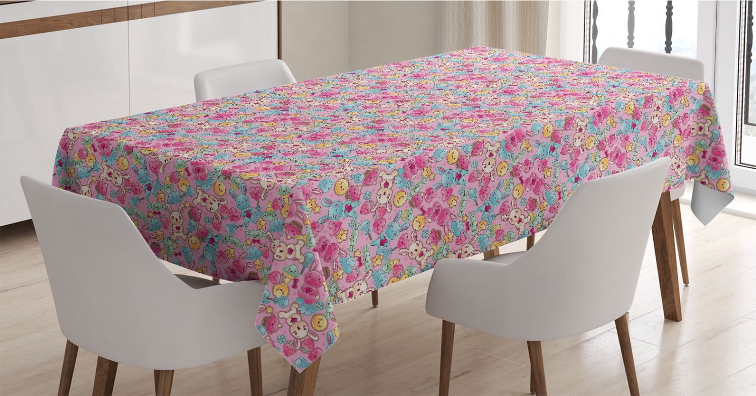 Cartoon Tablecloth, Kawaii Bunnies Ice Cream and Candies Doodle Cartoon ...