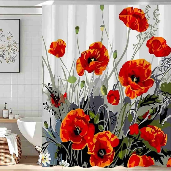 70x70 inch Red Poppy Flowers and Green Leaves Shower Curtain, Waterproof Polyester Fabric with Hooks for Bathroom Decor