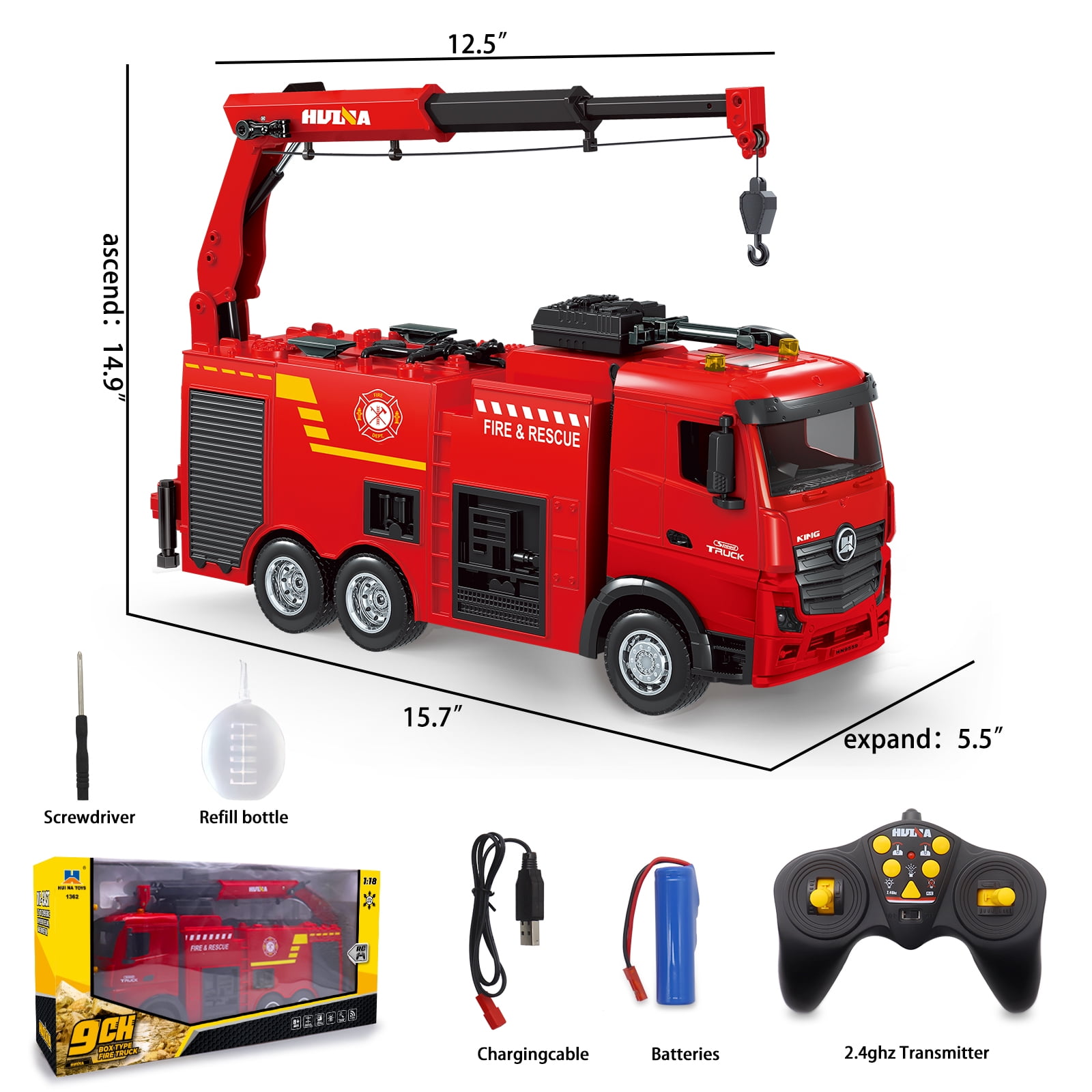 Remote Control Fire Truck, 9 Channel RC Rescue Firetruck with Water Spraying Pump and Lights Sounds, RC Crane RC Truck Toys for Kids Boys Gift
