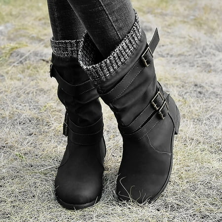 

Egmy Women Boots Winter Buckle Strap Chunky Heels Slip On Retro Ladies Footwear Shoes