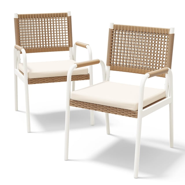 Gaderth Set of 2 Stackable Rattan Garden Armchairs with Thick Cushions, Outdoor Dining Chairs with Weatherproof PE Wicker and White Powder Coated Metal Frame for Patio Balcony Lawn