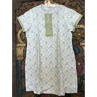 Mogul Women Cotton Comfy Long Tunic Short Sleeves Round Neck White Green Floral Print Lightweight Ethnic Dress M