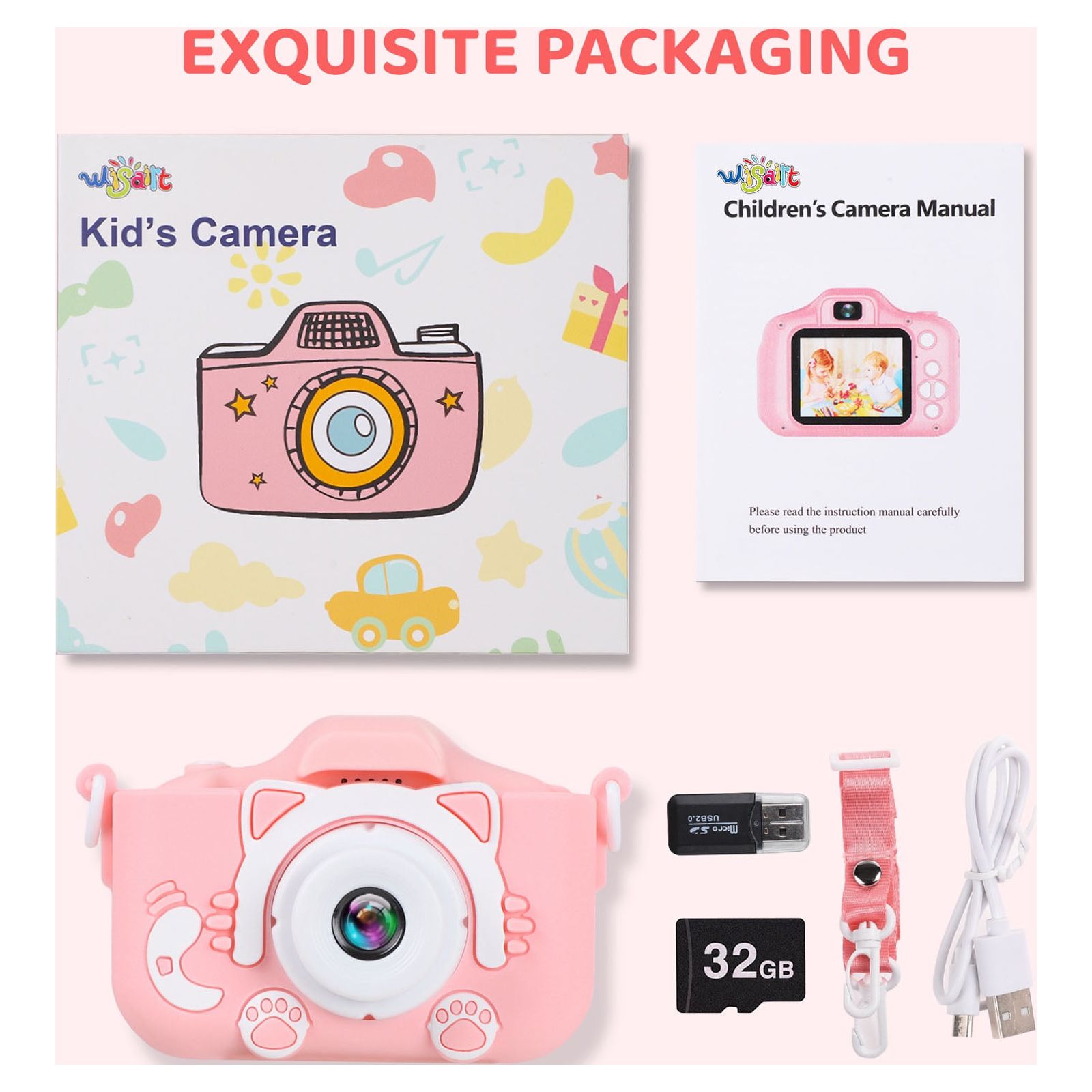 Wisairt Kids Digital Camera 1080P with 32GB SD Card, Pink photo 8
