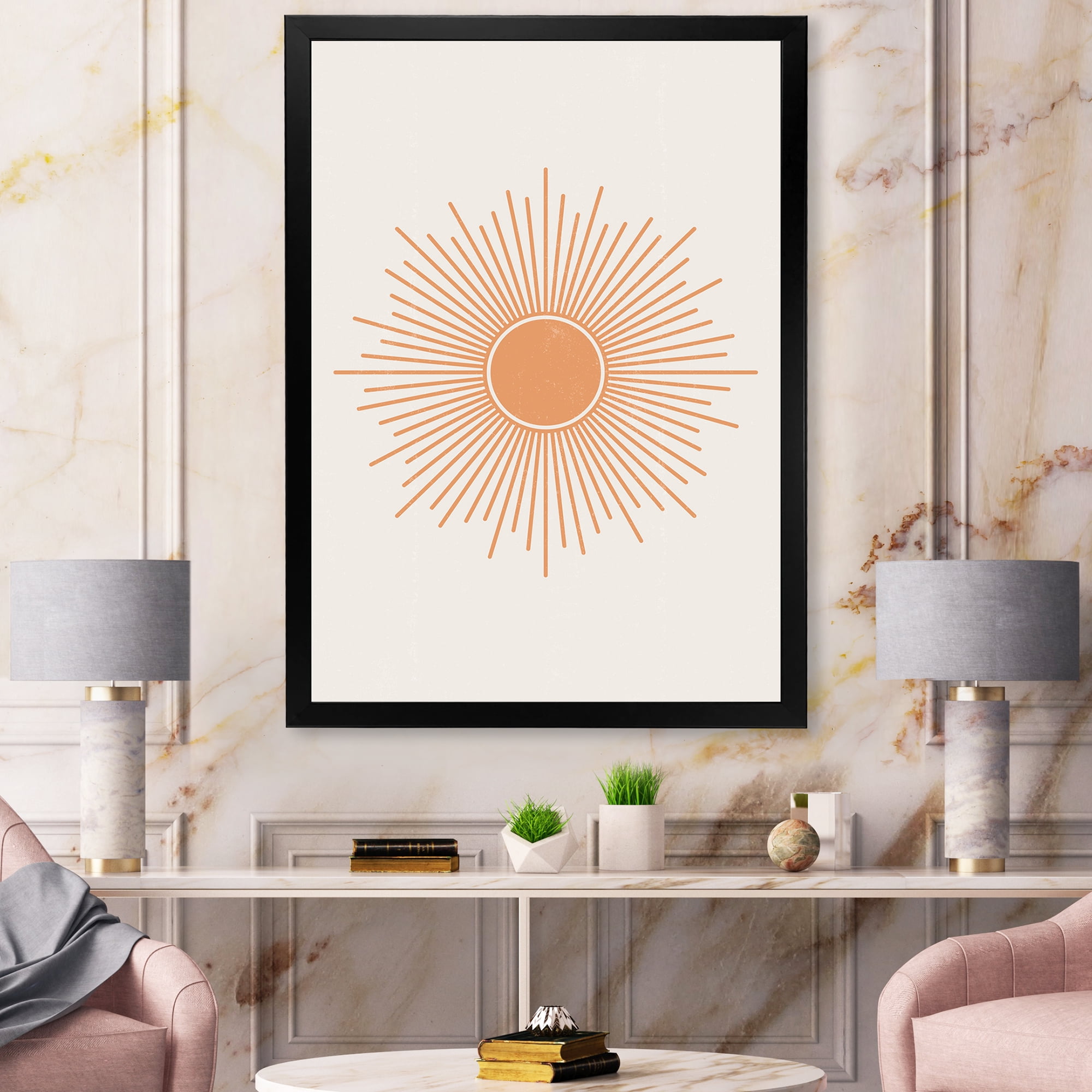 Designart 'Minimal Bright Shining Orange Sun Rays III' Modern Framed Art Print