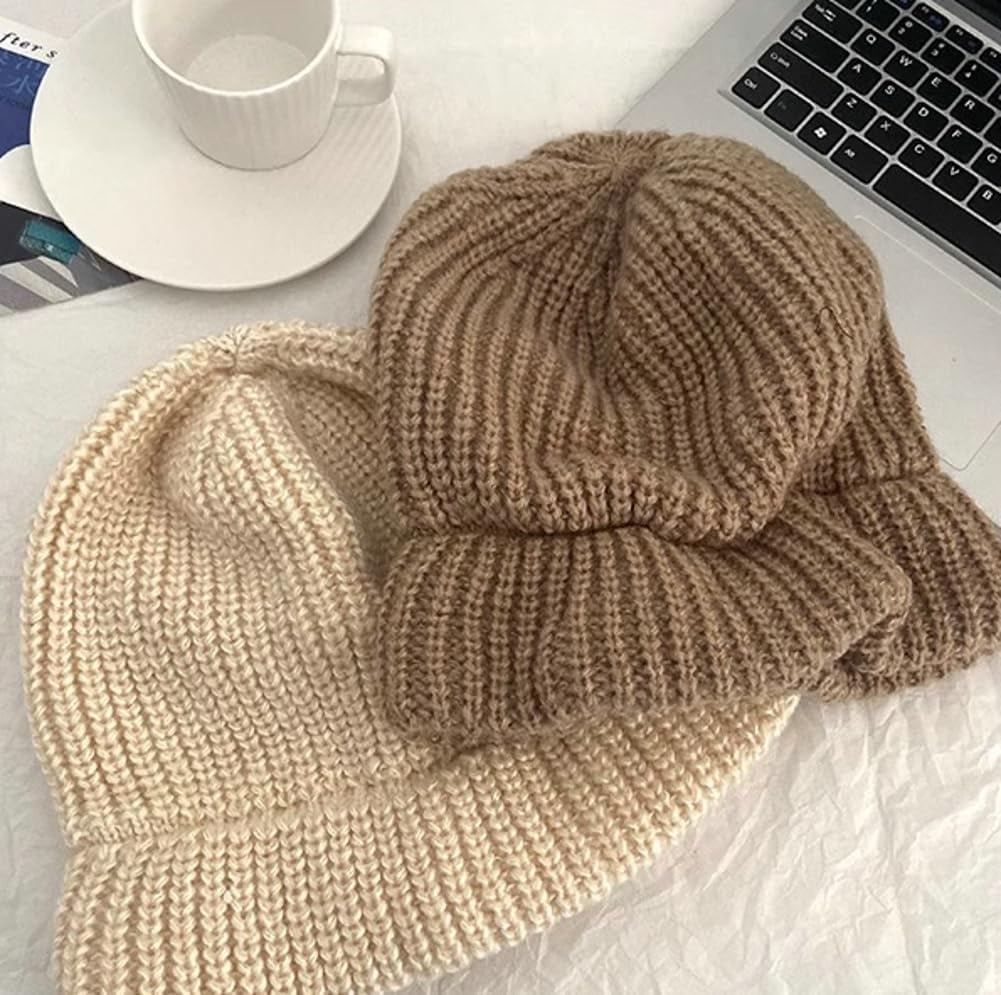 CoCoMangos Winter Knit Slouchy Solid Beanie Hats for Women Soft Warm Daily Skull Cap Bucket Hat with Visor for Cold Weather