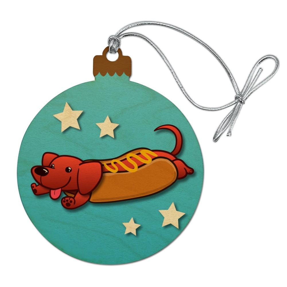 Wiener Hot Dog Dachshund Cartoon Wood Christmas Tree Holiday Ornament