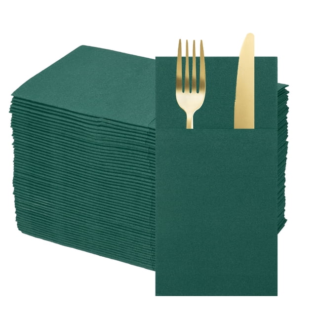 50 Pcs Servilletas de papel con sensación de lino y bolsillos para cubiertos incorporados, servilletas de cena para cuchillos y tenedores color verde oscuro