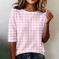 thumbnail image 2 of Domzest Womens Plaid Half Sleeve Tops Crew Neck Elbow Length Loose Fit Shirts Dressy Casual Summer Fall Lightweight Basic Blouse Pink S, 2 of 6