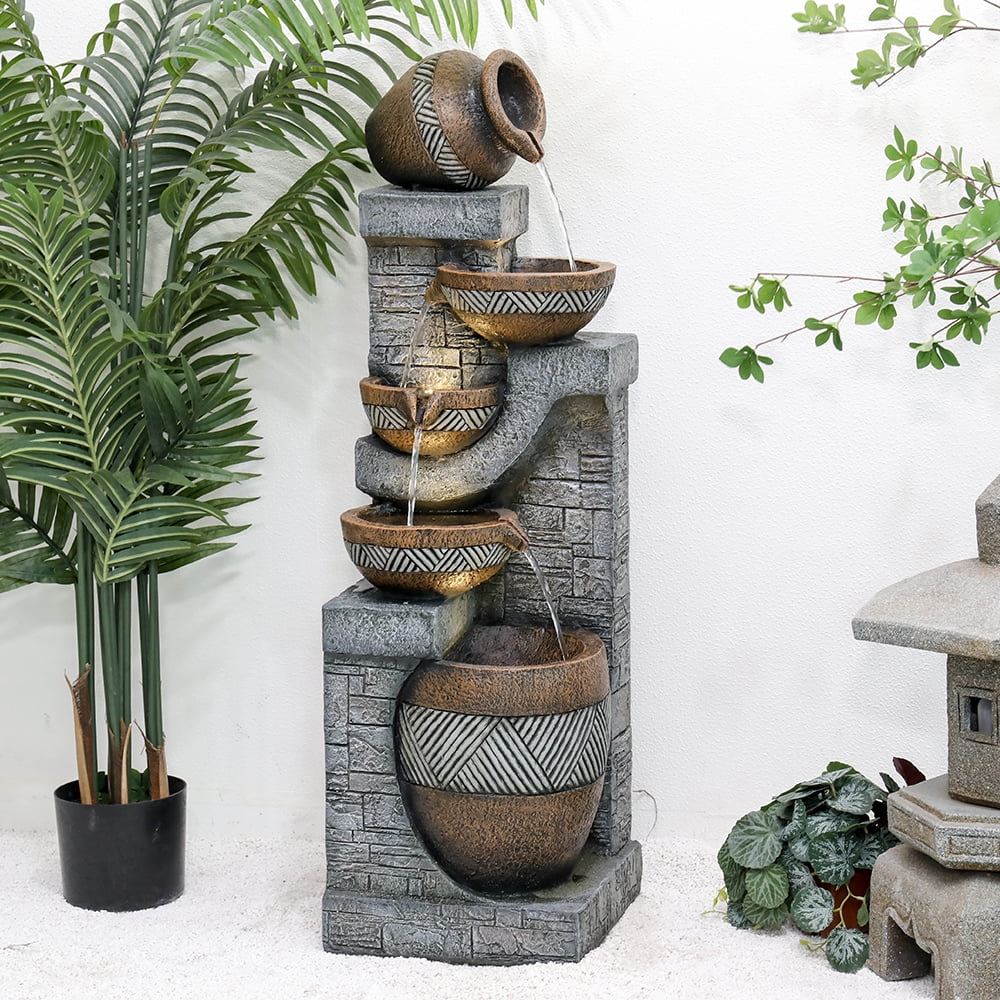 Watnature 5-Tier Natural Looking Stone Fountain Outdoor Water Fountain with LED Lights Resin Fountain Decor for Garden Patio