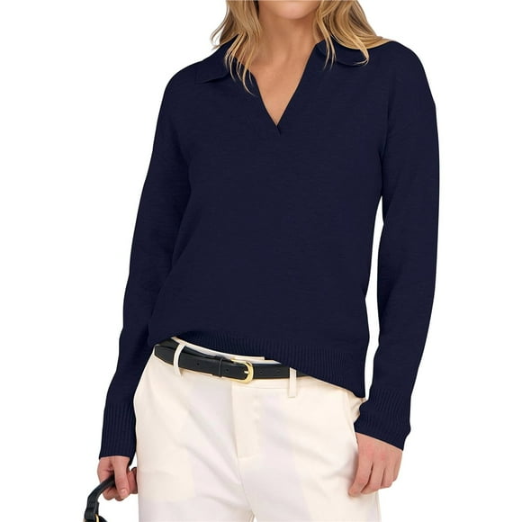 Women's V Neck Long Sleeve Sweaters Dressy Casual Business Basic Knit Pullover Top Navy Blue L