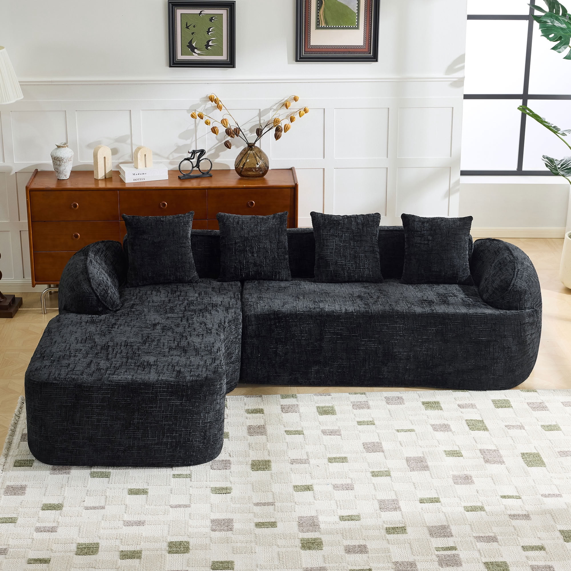 MAYEERTY L-Shaped Chenille Sectional Sofa with Chaise Lounge, 4-Seat Compressed Couch with 4 Throw Pillows, for Living Room Apartment Small Spaces