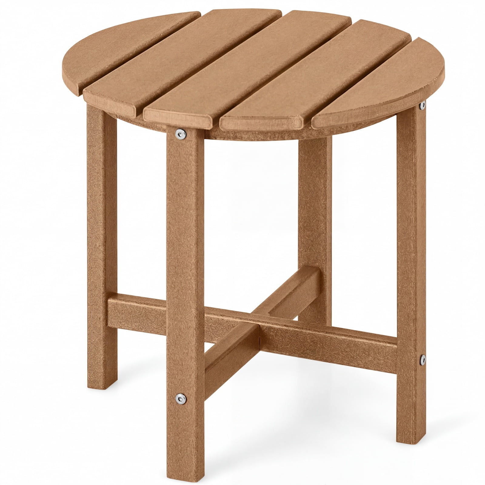 Furnibear 18 Inch Round Weather Resistant Adirondack Outdoor Side Table with Slatted Top for Patio Deck and Garden Seating, Brown