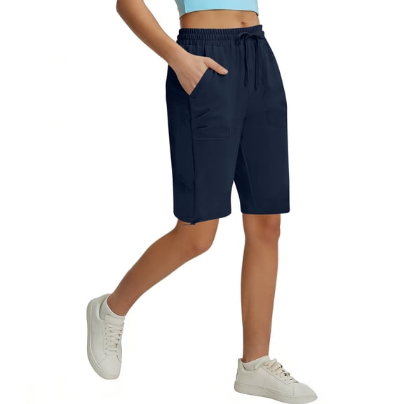 Ynynloco Women's Casual Cargo Shorts with Pockets Elastic High Waist Drawstring Shorts for Women Hiking Short