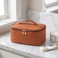 thumbnail image 6 of Large Capacity Travel Makeup Bag, Portable PU Leather Woven Textured Cosmetic Organizer Case with Handle, Wide Open Zipper Makeup Storage Bag with Dividers for Women Travel Daily Use, Brown, 6 of 7