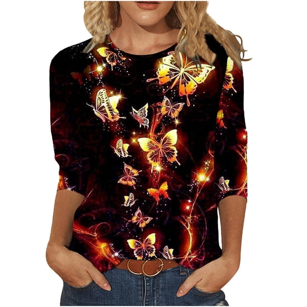 Mujeres 3/4 mangas camisas casuales pulóver suelta túnica Tops estampado O-cuello blusa Fridja hkj729