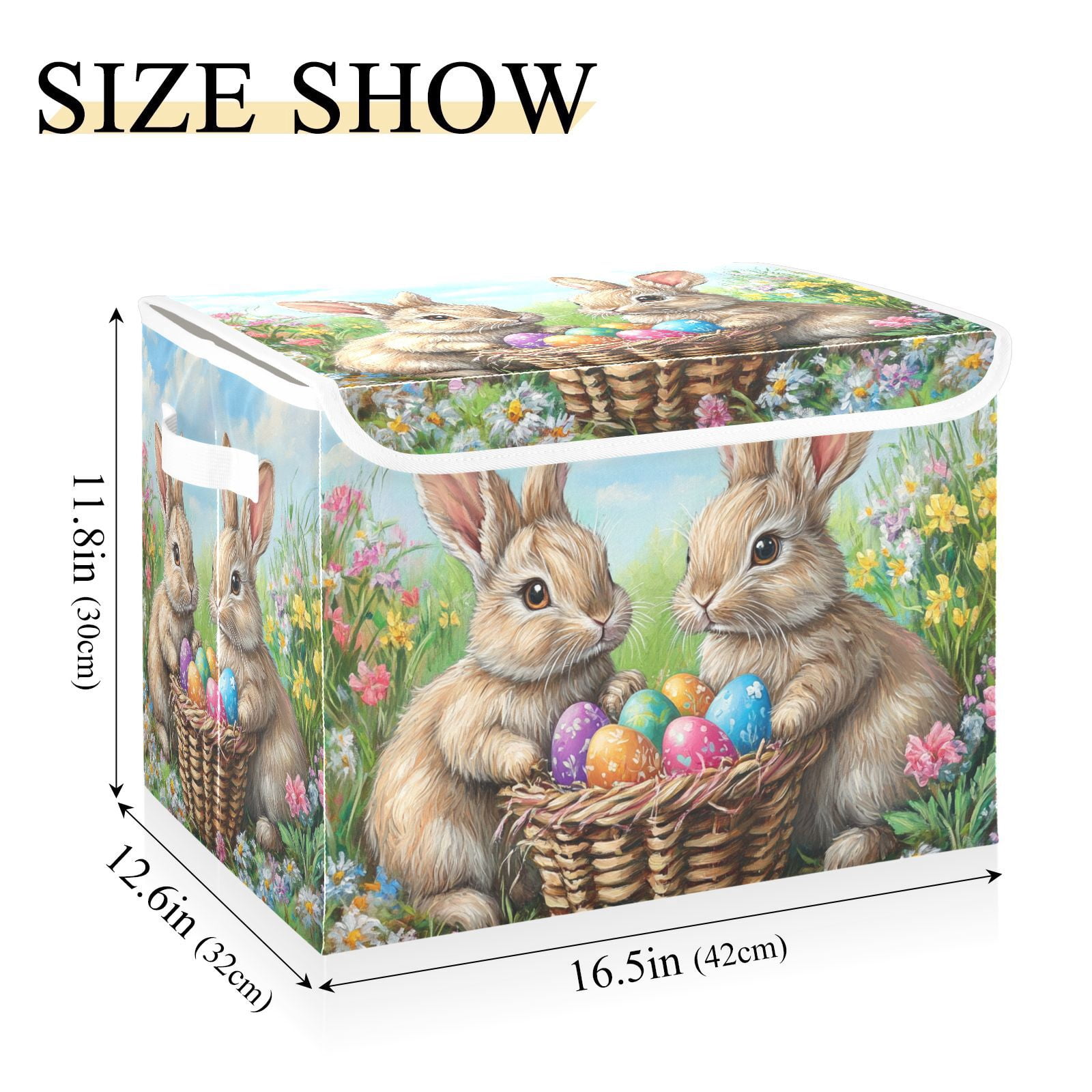 Easter Eggs and Rabbits Storage Basket for Shelves Foldable Container Organizer for Organizing Toys Clothes Books with Handles