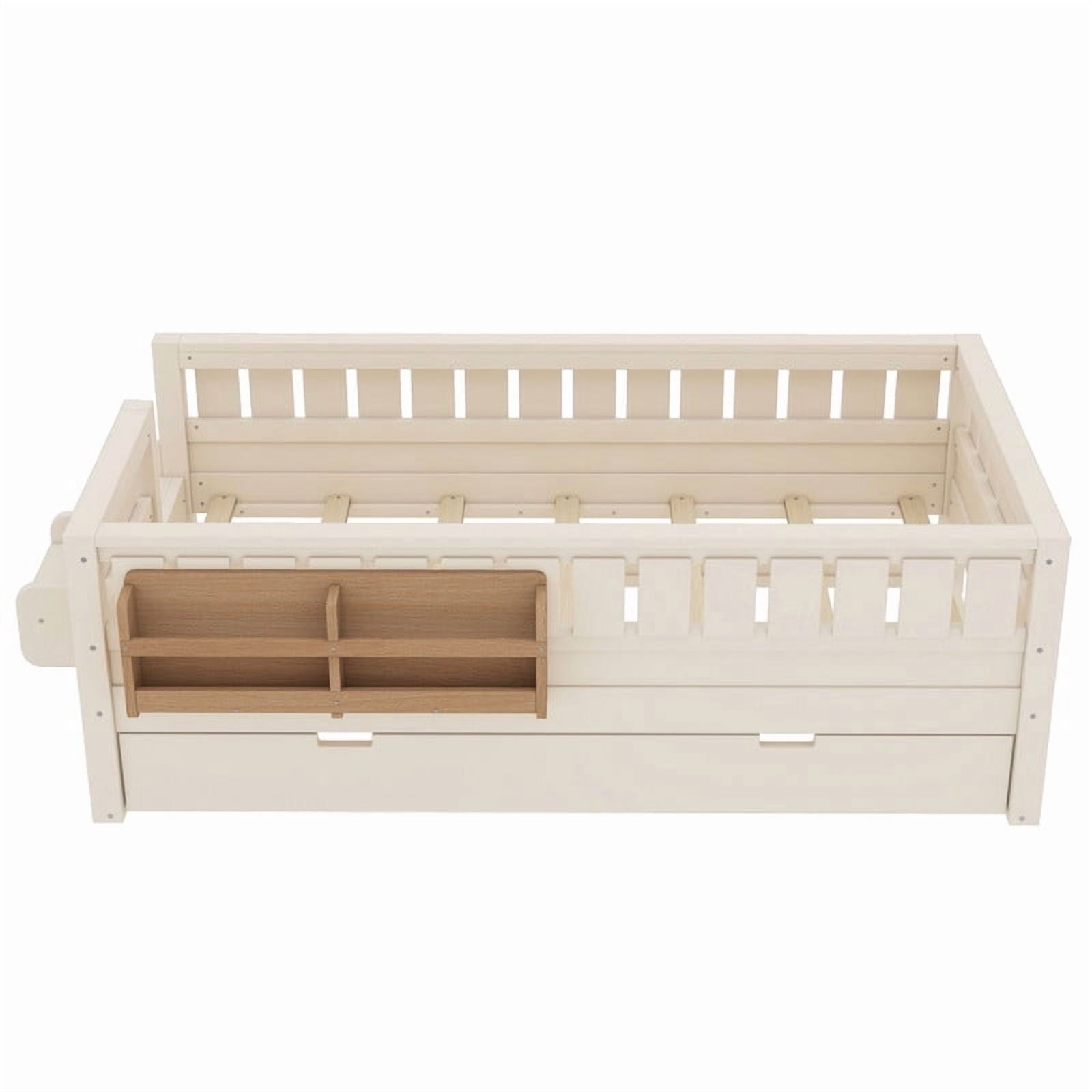 Bellemave Twin Bed with Trundle and Small Stairs, Twin Size Platform Bed Frame with Rail and Bookshelf, Wooden Montessori Floor Bed No Box Spring Needed,Beige