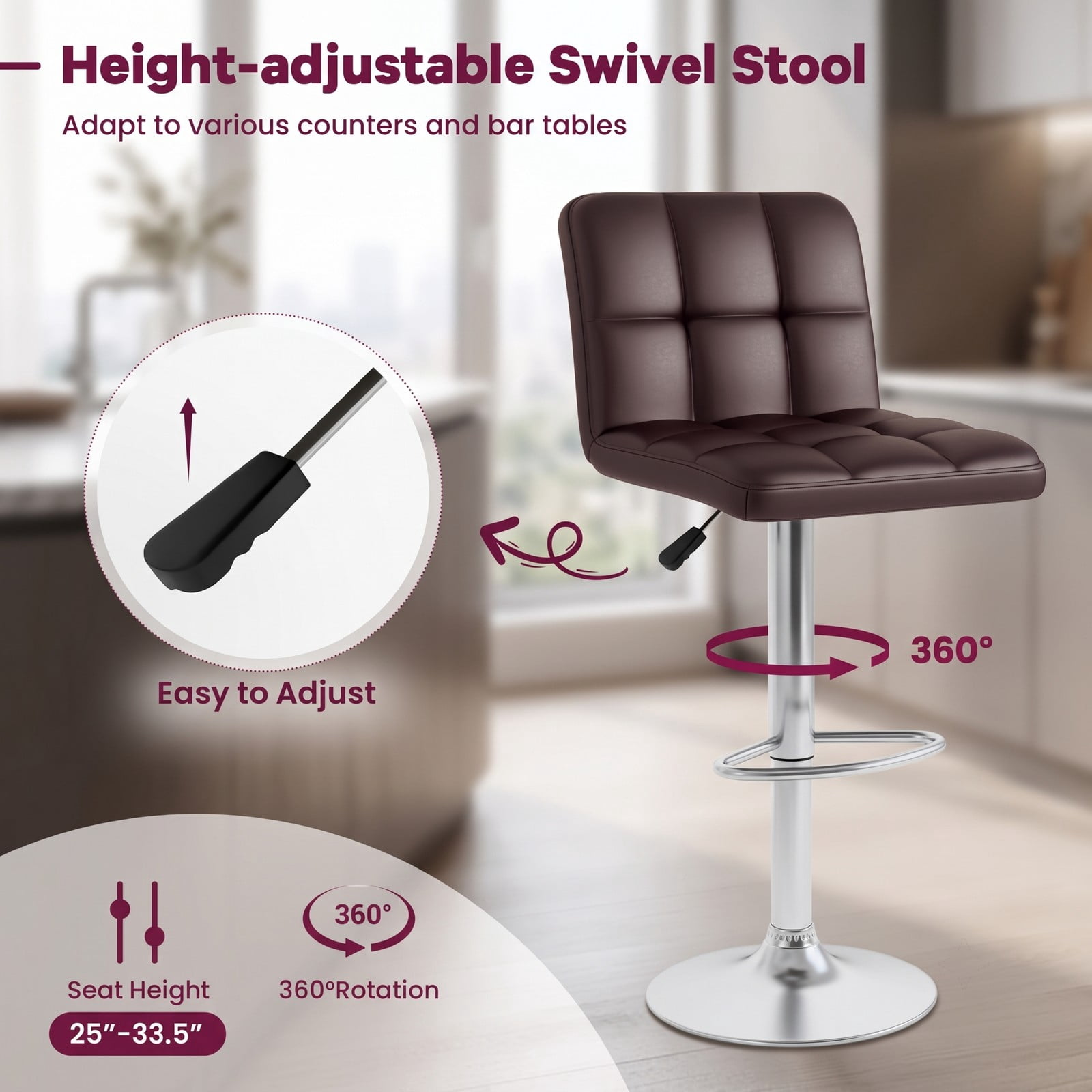 Furnibear Set of 2 Square Swivel Bar Stools, Adjustable Height PU Leather Counter Stools with Back and Footrest, 360-Degree Swivel Upholstered Kitchen Island, Coffee