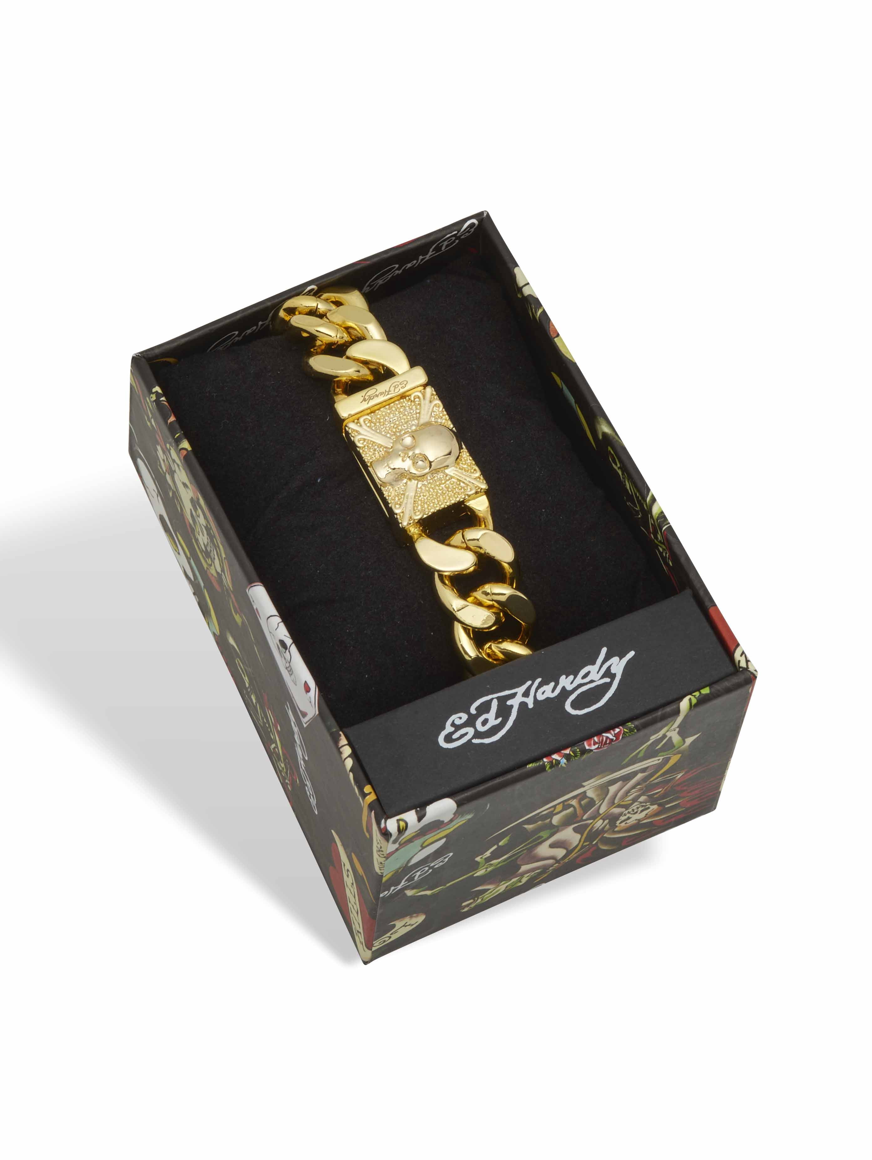 Ed Hardy Men's Gold Ion-Plated Stainless Steel Skull Link Bracelet 8.5 Inch