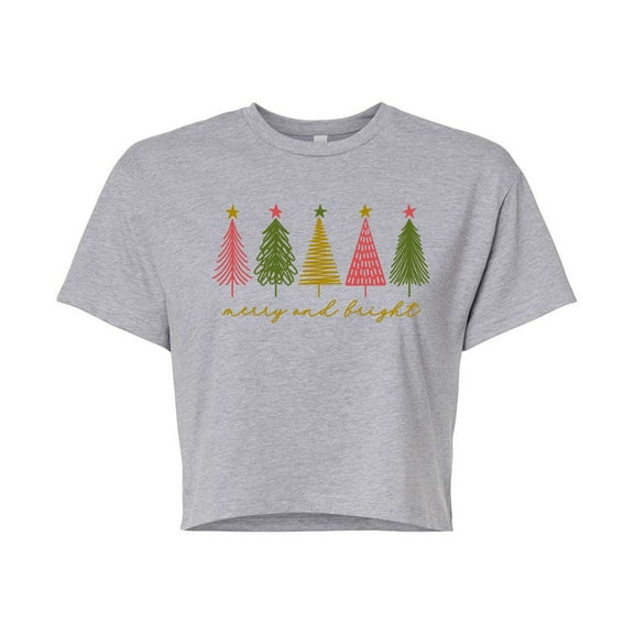 Instant Message - Merry And Bright Christmas Trees - Juniors Cropped Short Sleeve Graphic T-shirt
