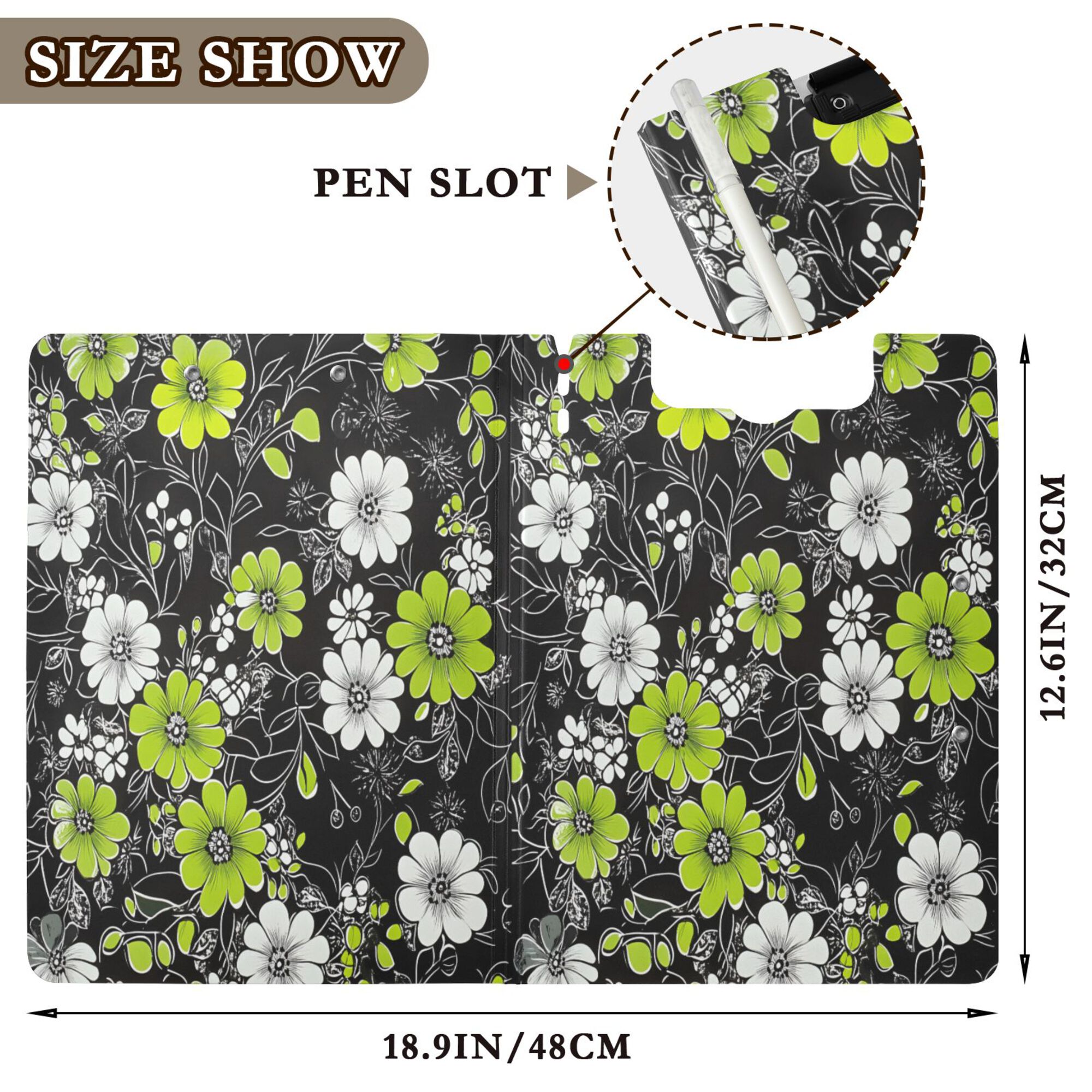FORMRS A4 Clipboard Folder with Pen Holder Horizontal Foldable School Office Binder, White Flower Pattern