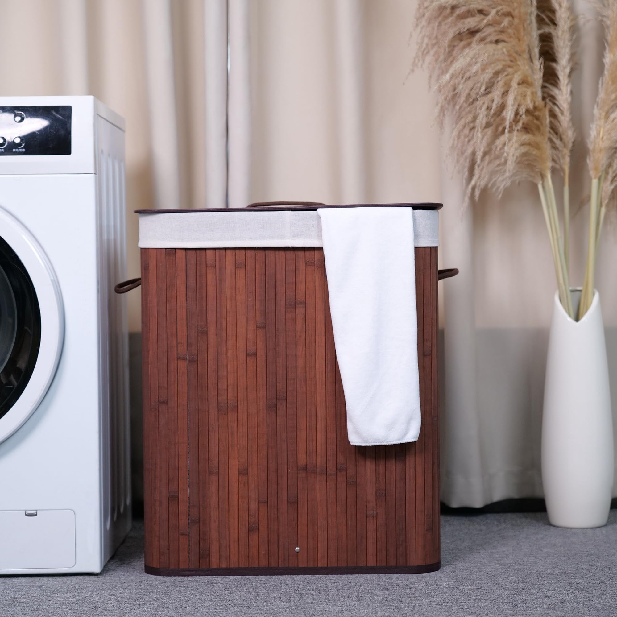 Garvee Folding Bamboo Laundry Hamper with Lid, 27.5 Gallon Large Capacity Wooden Basket with Washable Liner Bag, Slim Space-Saving Clothes Organizer for Small Bedroom, Apartment, Dorm, Brown