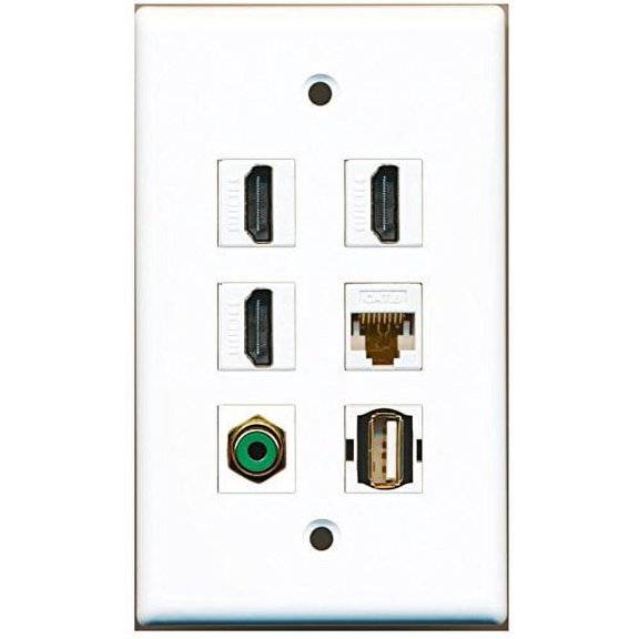 RiteAV - 3 HDMI 1 Port RCA Green 1 Port USB A-A 1 Port Cat6 Ethernet White Wall Plate