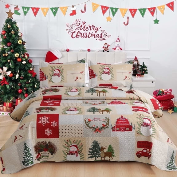 Beartech 3Pcs Christmas Quilt Set Queen Size Christmas Bedding Set Xmas Decor Gift Microfiber Quilts Cover Soft Holiday Bedding Bedspread Set with 1 Quilt & 2 Pillowshams