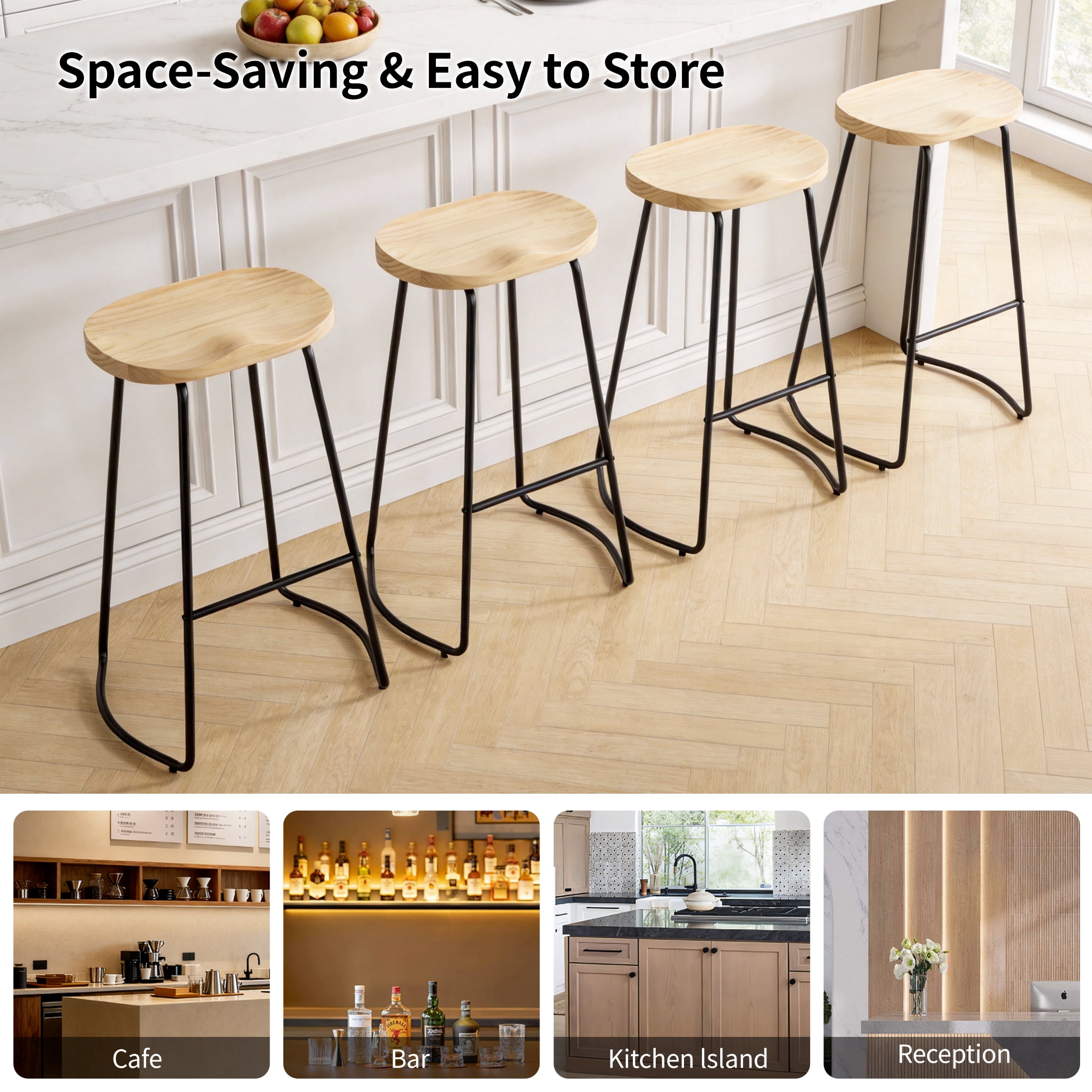 FIRAVOE Counter Height Bar Stools (Saddle Seat Backless) Barstools Set of 4, 26" Rustic Wooden Counter Stools Kitchen Stools