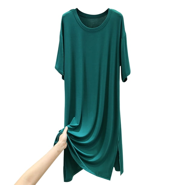Faldas de Verano para Mujeres de Longitud Media Delgada Suelta Vestido de Cuello Redondo con Hendidura, Falda de Tela Estirable de Cuatro Vías para Desgaste Casual, Diario Y de Primavera