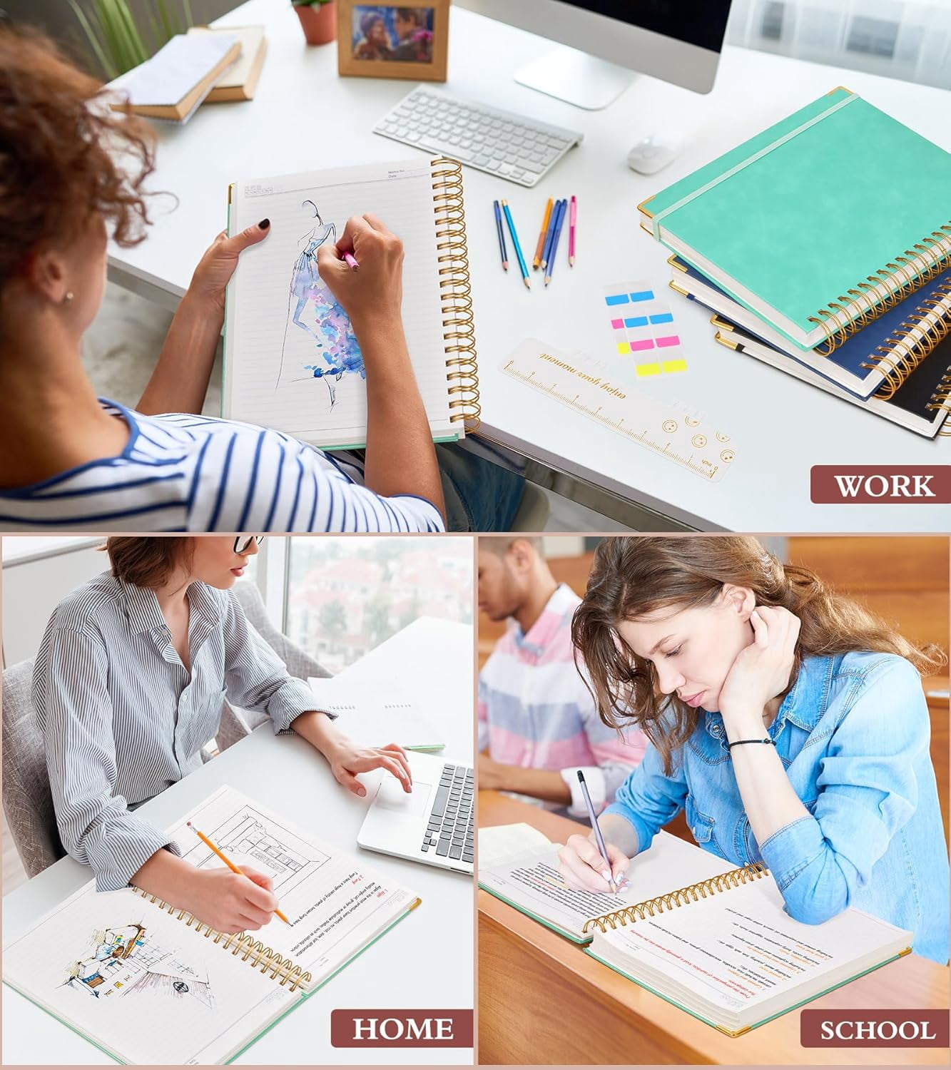 5.75"×8.38" A5 Leather Hardcover Spiral Notebook, 300 Pages, 100GSM College Ruled Journal for School Work, Teal
