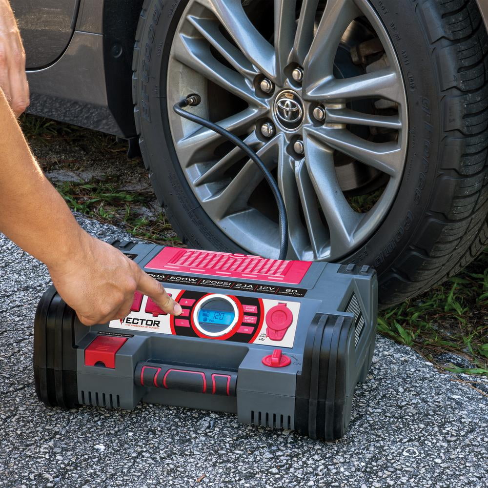 Vector 1200 Peak Amp Automotive Jump Starter, Portable Power - 10W USB Port, 500W Inverter, 120 PSI Air Compressor