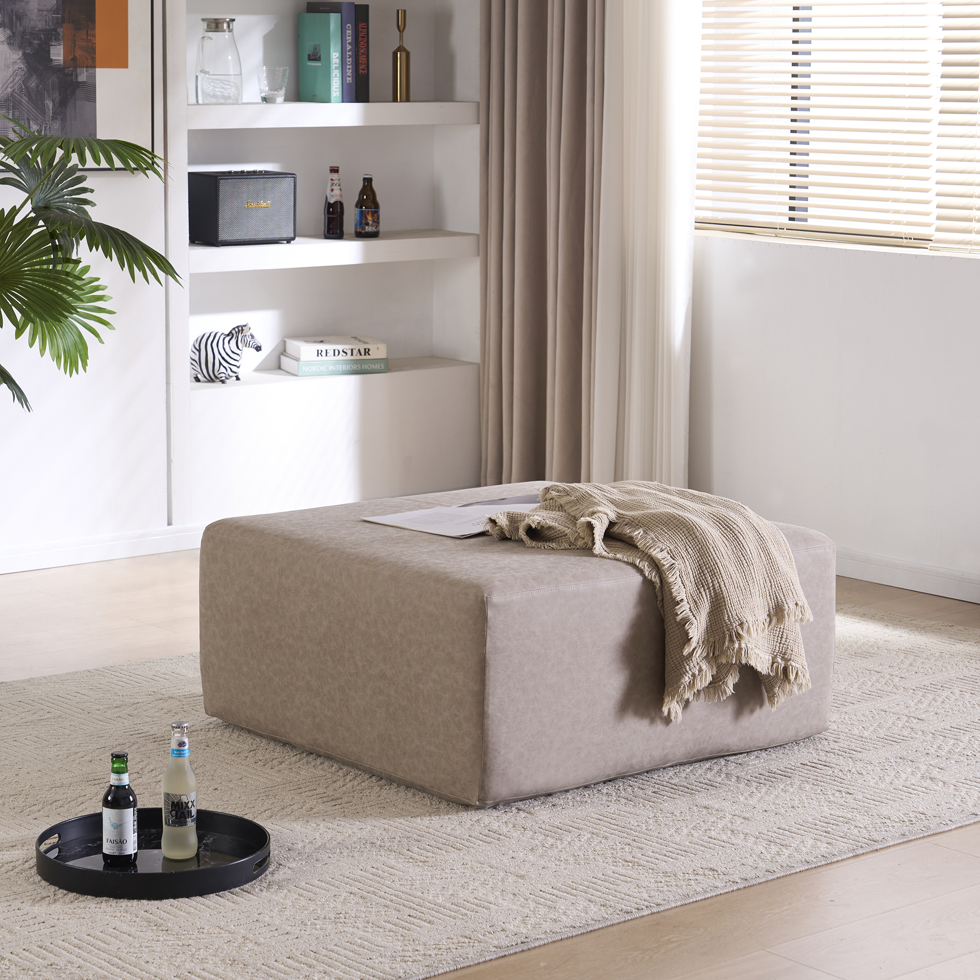 35" Wide Oversized Square Ottoman Coffee Table, Faux Leather Couch Ottoman Large Footstool for Living Room